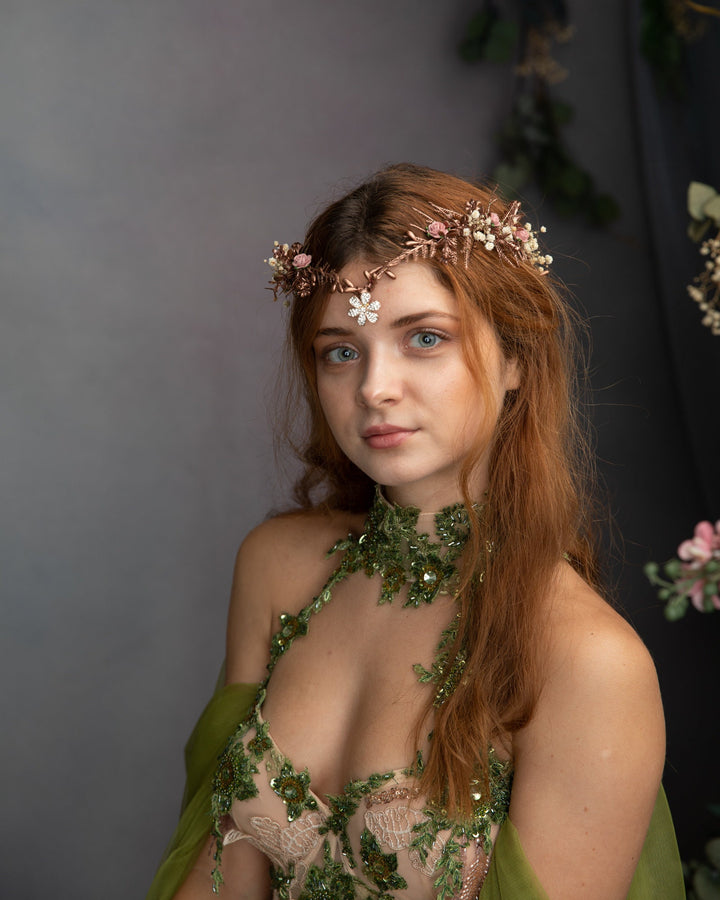 Romantic Rose Gold Flower Tiara: Elven Bridal Wedding Crown – handmade floral hair accessory by magaela