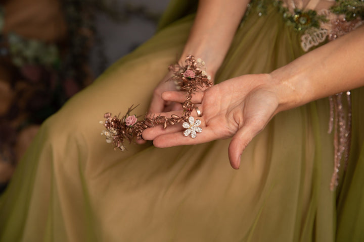 Romantic Rose Gold Flower Tiara: Elven Bridal Wedding Crown – handmade floral hair accessory by magaela