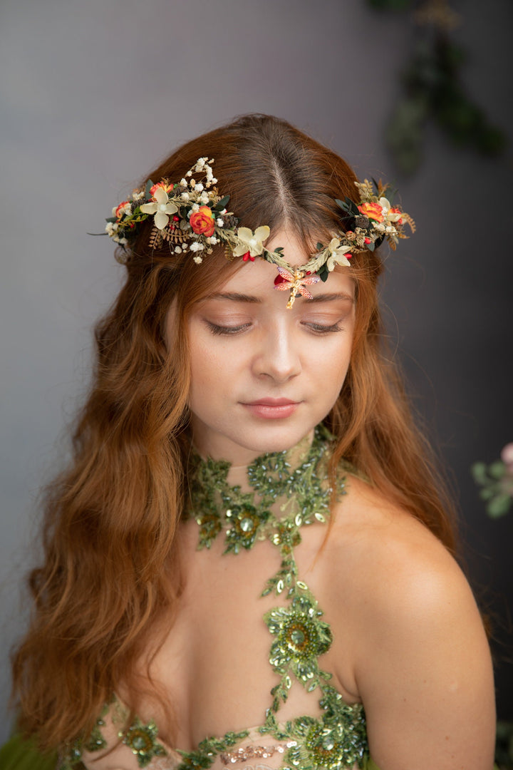 Autumn Wedding Flower Crown: Elven Fairy Tiara with Dragonfly – handmade floral hair accessory by magaela