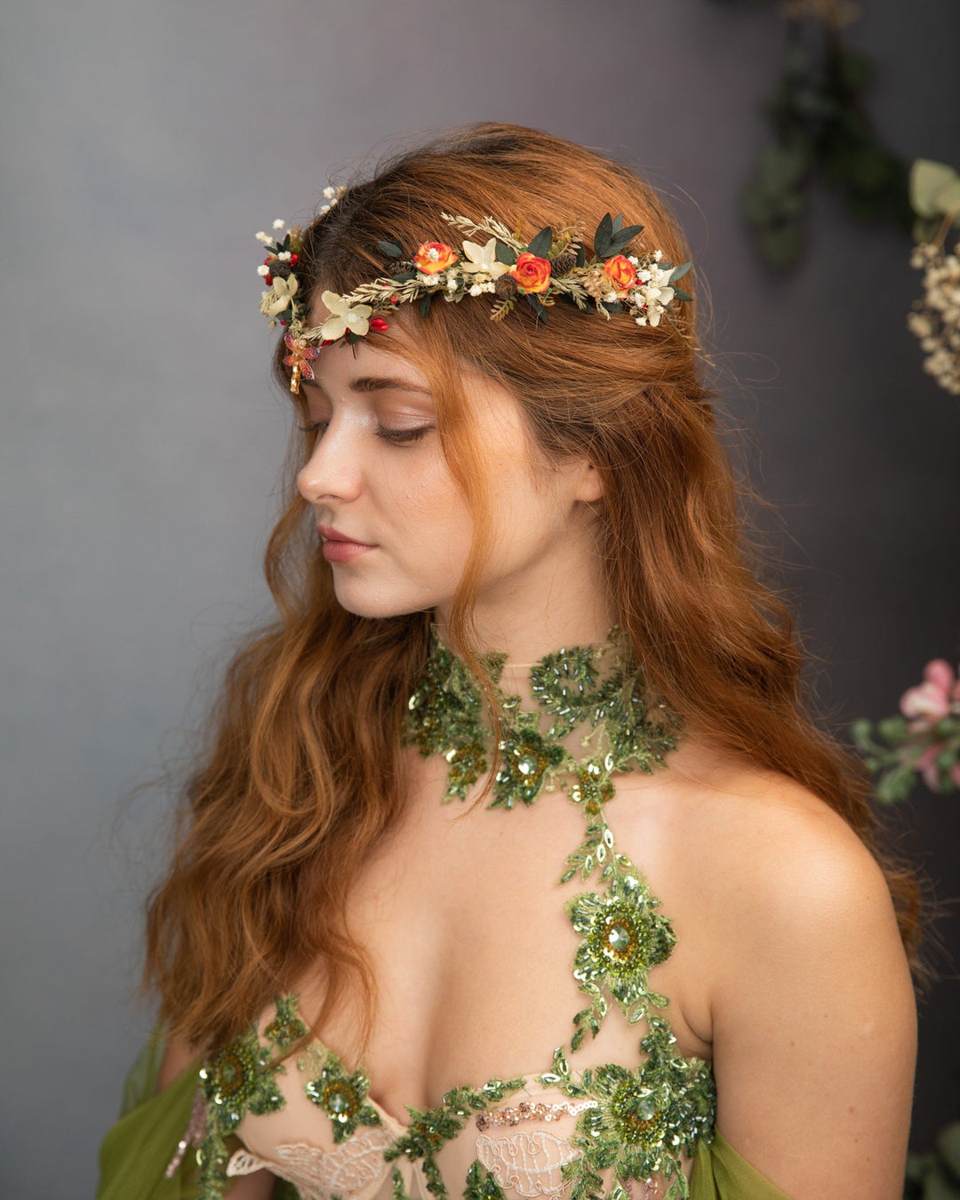 Autumn Wedding Flower Crown: Elven Fairy Tiara with Dragonfly – handmade floral hair accessory by magaela