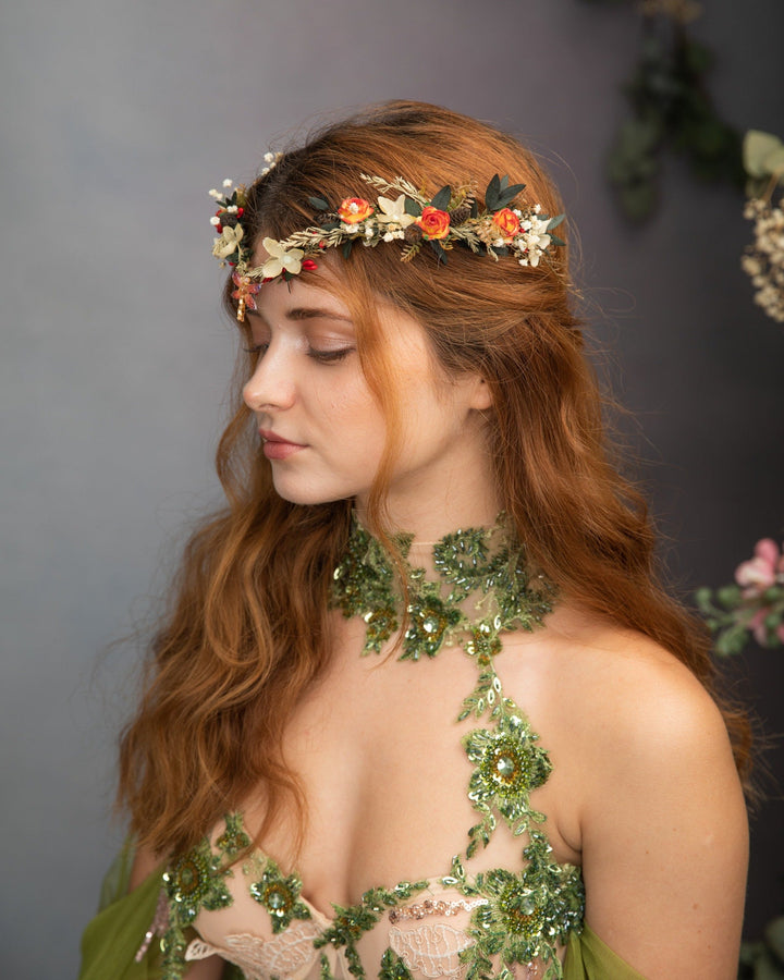 Autumn Wedding Flower Crown: Elven Fairy Tiara with Dragonfly – handmade floral hair accessory by magaela