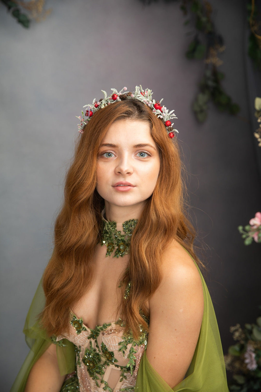 Christmas Flower Headband: Rosehips & Pine Cones Winter Crown – handmade floral hair accessory by magaela