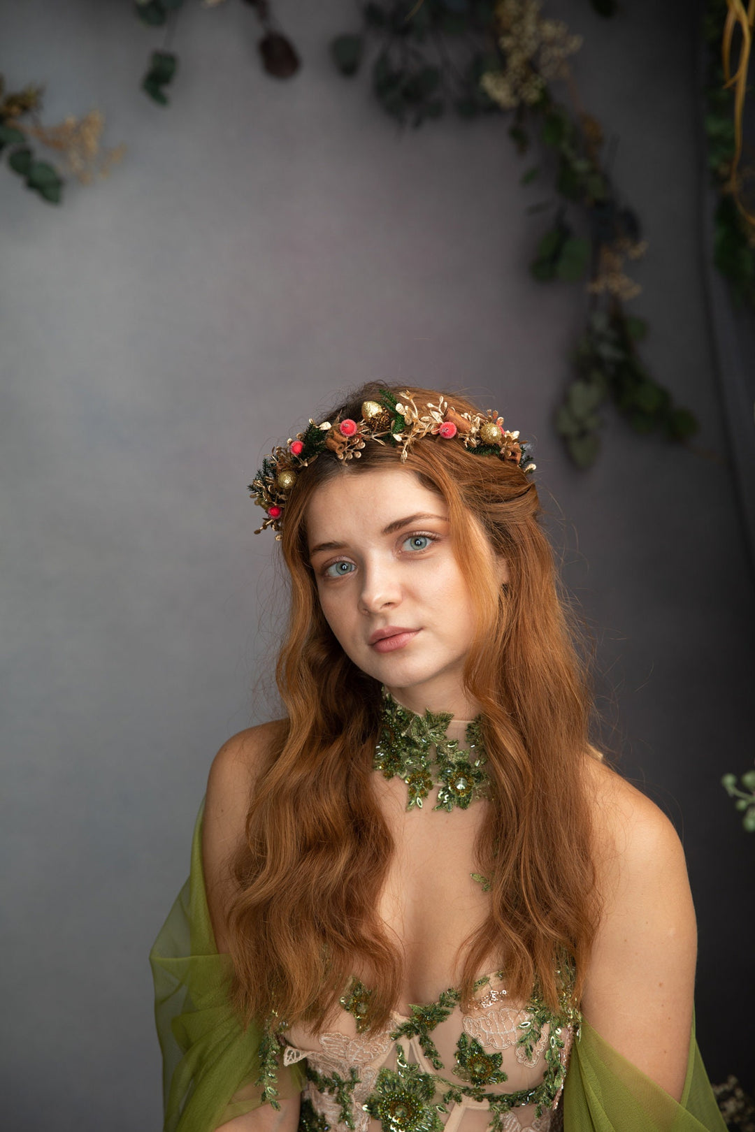 Christmas Hair Crown: Rose Hips, Cinnamon, Winter Wedding Wreath – handmade floral hair accessory by magaela