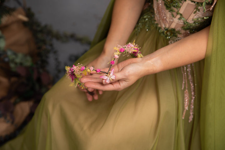 Pink Butterfly Flower Crown: Romantic Elven Wedding Tiara – handmade floral hair accessory by magaela
