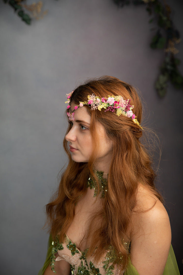 Pink Butterfly Flower Crown: Romantic Elven Wedding Tiara – handmade floral hair accessory by magaela