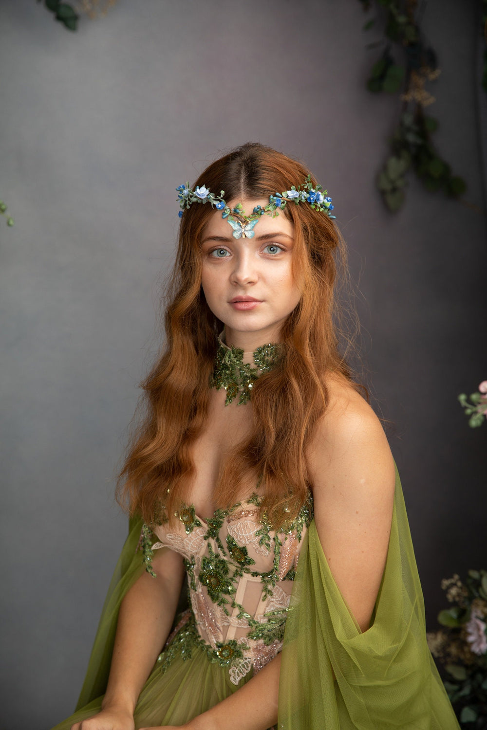 Blue Flower Butterfly Crown: Bridal Elven Tiara – handmade floral hair accessory by magaela