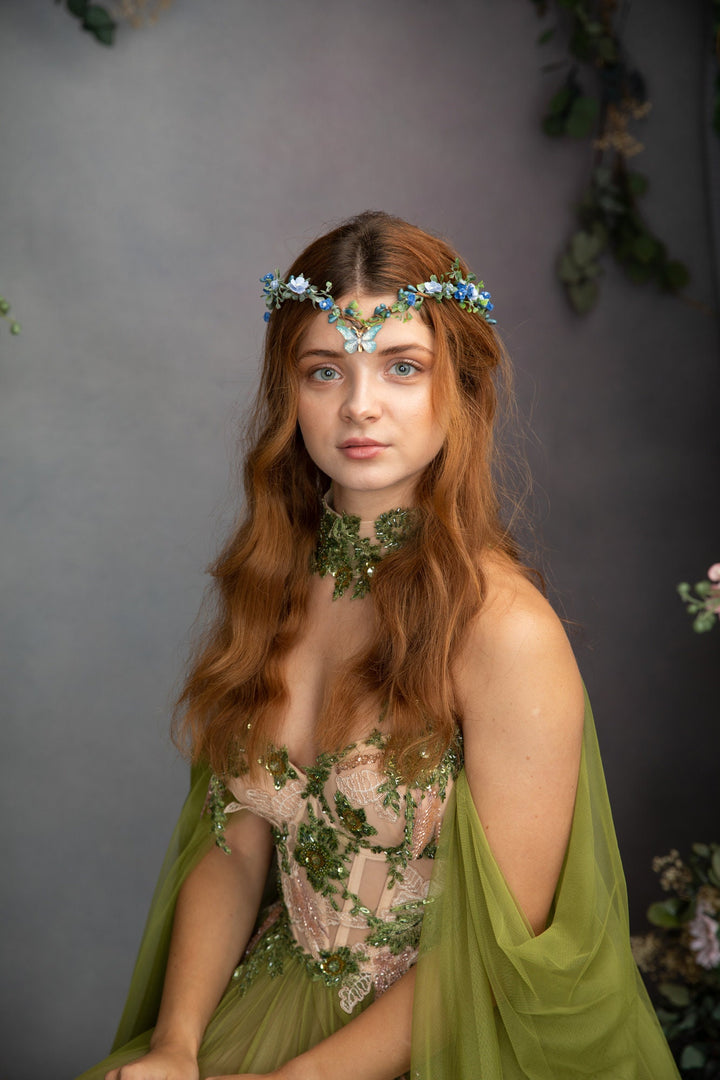 Blue Flower Butterfly Crown: Bridal Elven Tiara – handmade floral hair accessory by magaela