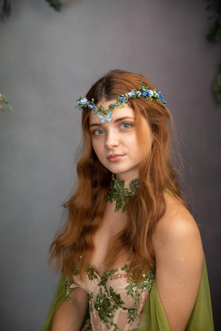 Blue Flower Butterfly Crown: Bridal Elven Tiara – handmade floral hair accessory by magaela