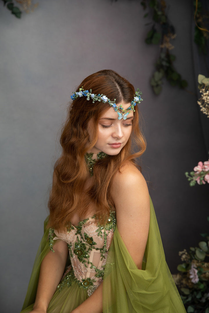 Blue Flower Butterfly Crown: Bridal Elven Tiara – handmade floral hair accessory by magaela