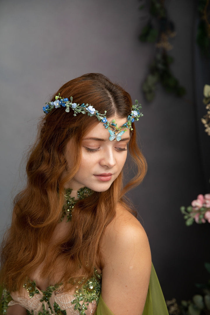 Blue Flower Butterfly Crown: Bridal Elven Tiara – handmade floral hair accessory by magaela