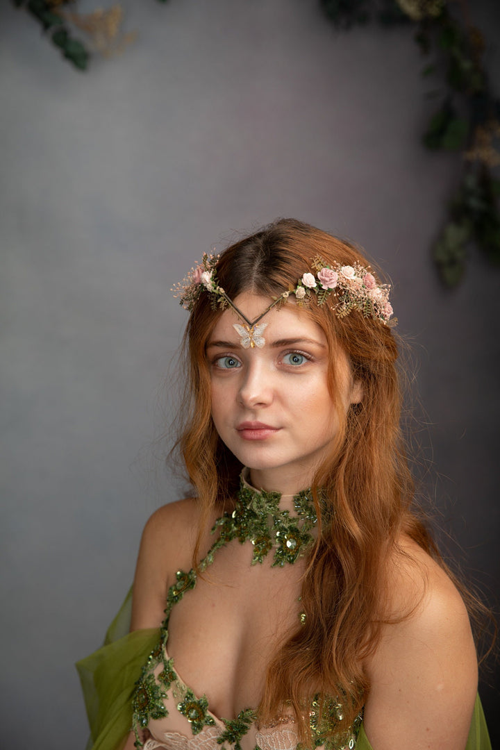 Vintage Blush Flower Crown: Bridal Elven Tiara with Butterfly – handmade floral hair accessory by magaela