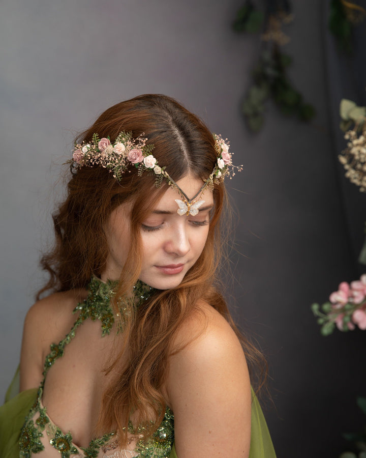 Vintage Blush Flower Crown: Bridal Elven Tiara with Butterfly – handmade floral hair accessory by magaela