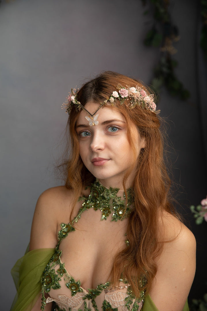 Vintage Blush Flower Crown: Bridal Elven Tiara with Butterfly – handmade floral hair accessory by magaela