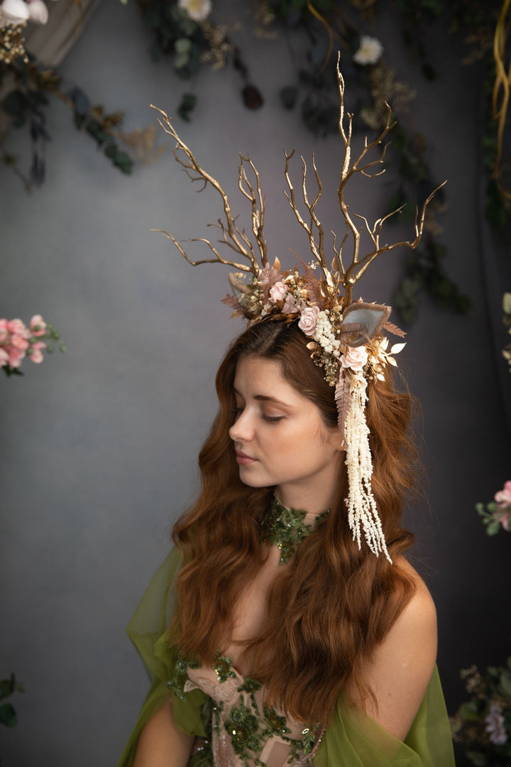 Pink Flower Crown with Gold Antlers: Fairytale Headband – handmade floral hair accessory by magaela