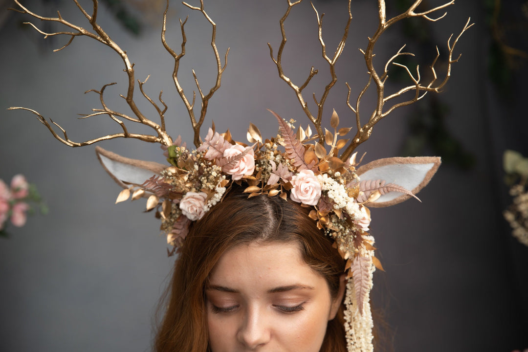 Pink Flower Crown with Gold Antlers: Fairytale Headband – handmade floral hair accessory by magaela