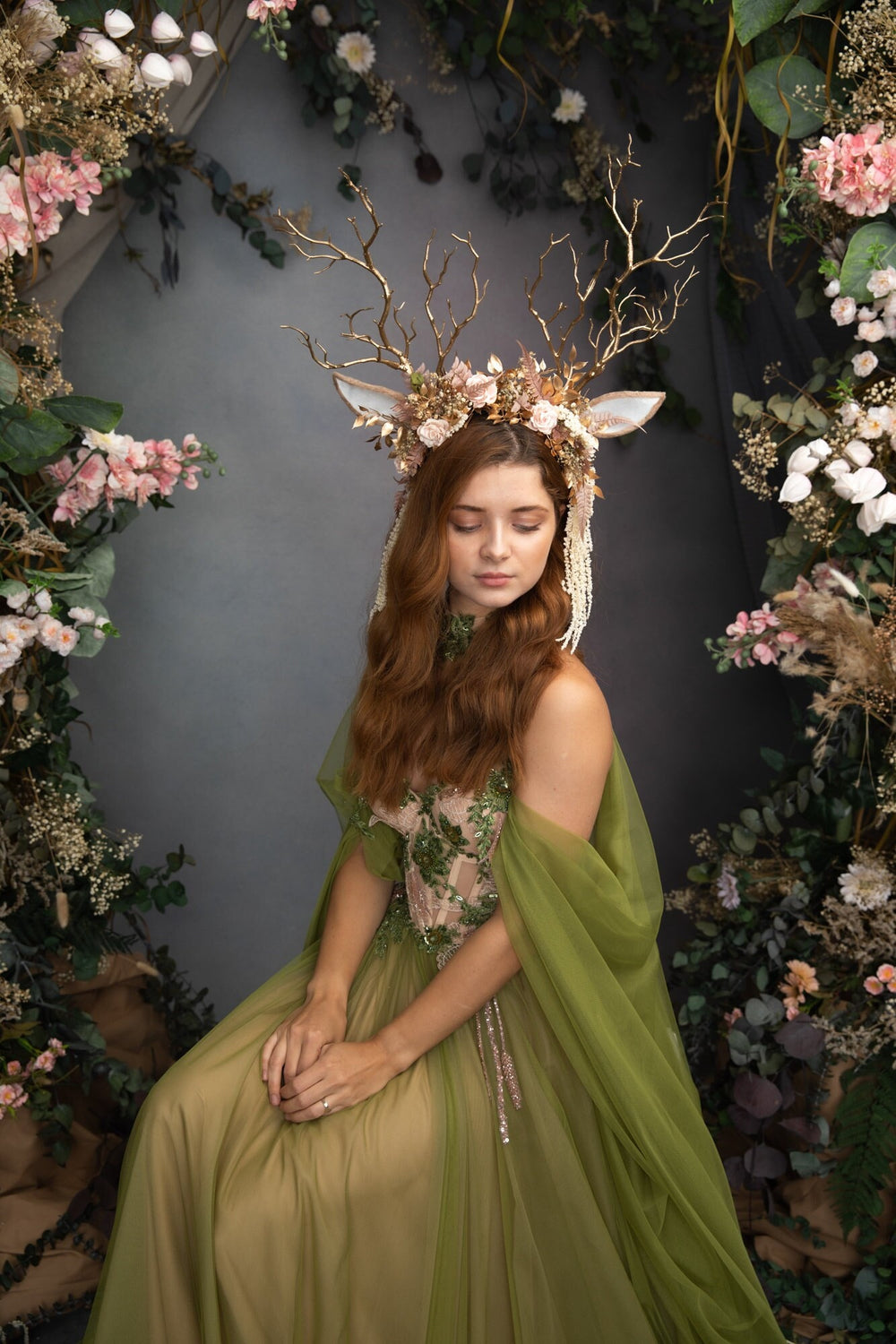 Pink Flower Crown with Gold Antlers: Fairytale Headband – handmade floral hair accessory by magaela