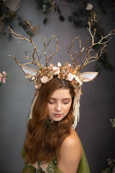 Pink Flower Crown with Gold Antlers: Fairytale Headband – handmade floral hair accessory by magaela