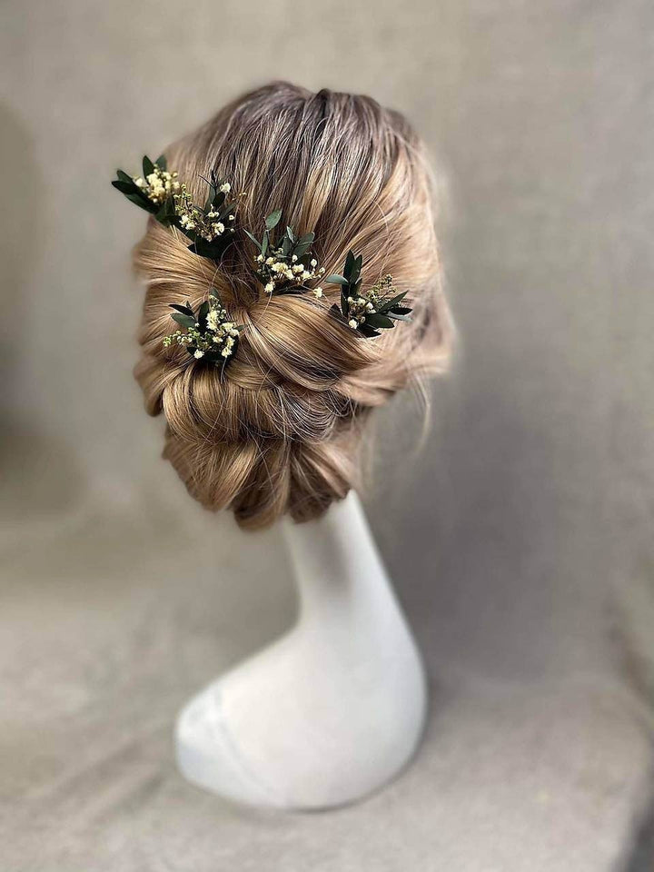Eucalyptus Baby's Breath Hair Pins: Greenery Wedding Headpiece – handmade floral hair accessory by magaela