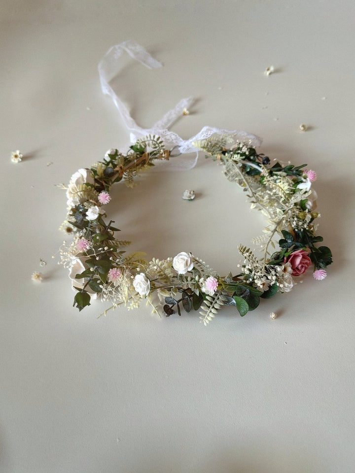 Rustic Bridal Flower Crown: White & Pink Rose Wedding Wreath – handmade floral hair accessory by magaela