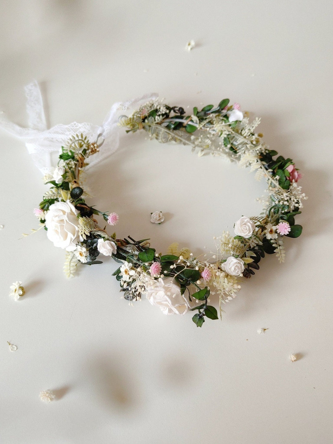 Rustic Bridal Flower Crown: White & Pink Rose Wedding Wreath – handmade floral hair accessory by magaela