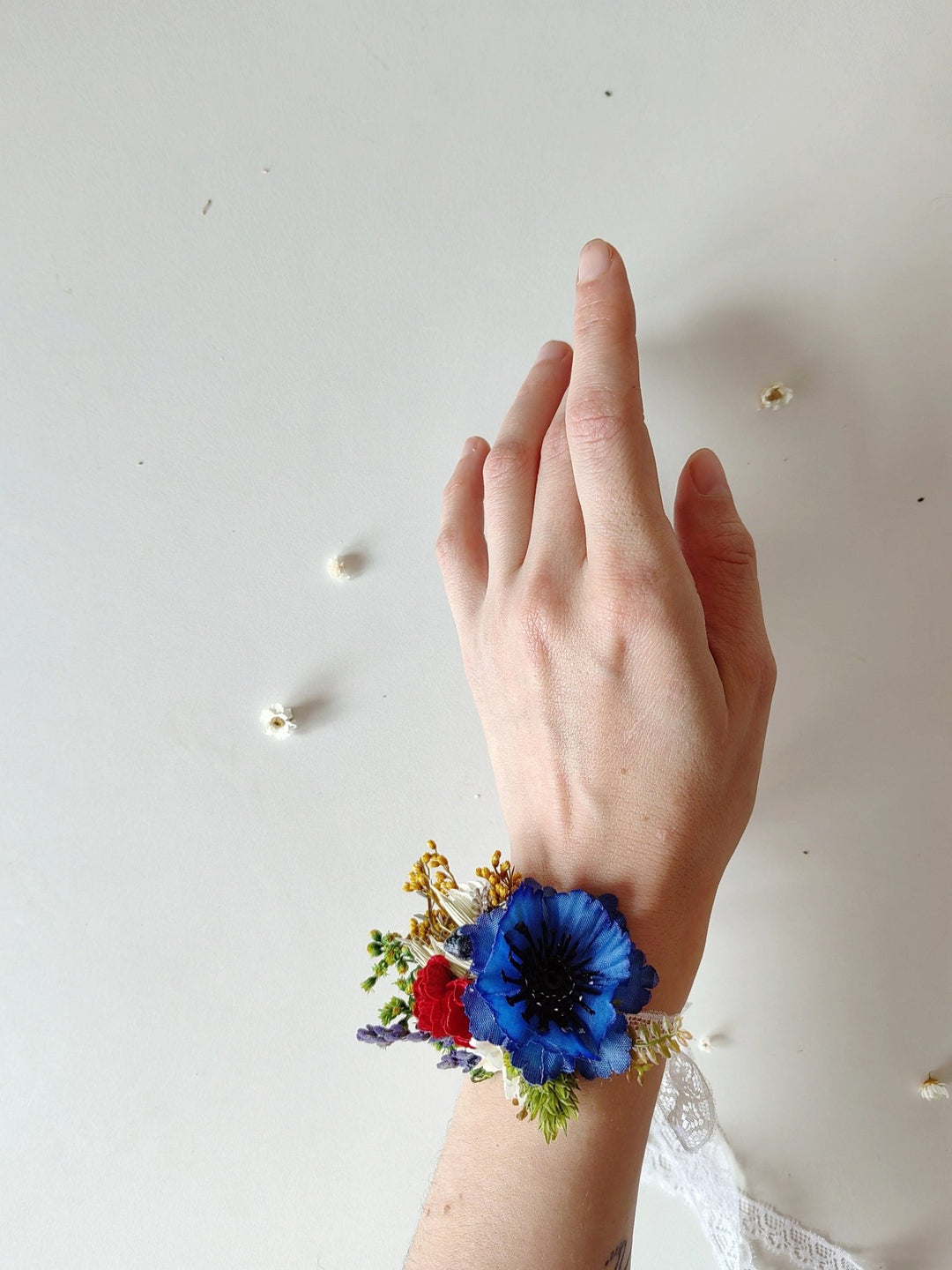 Meadow Flower Wedding Wrist Corsage: Forget - Me - Nots & Poppy – handmade floral hair accessory by magaela