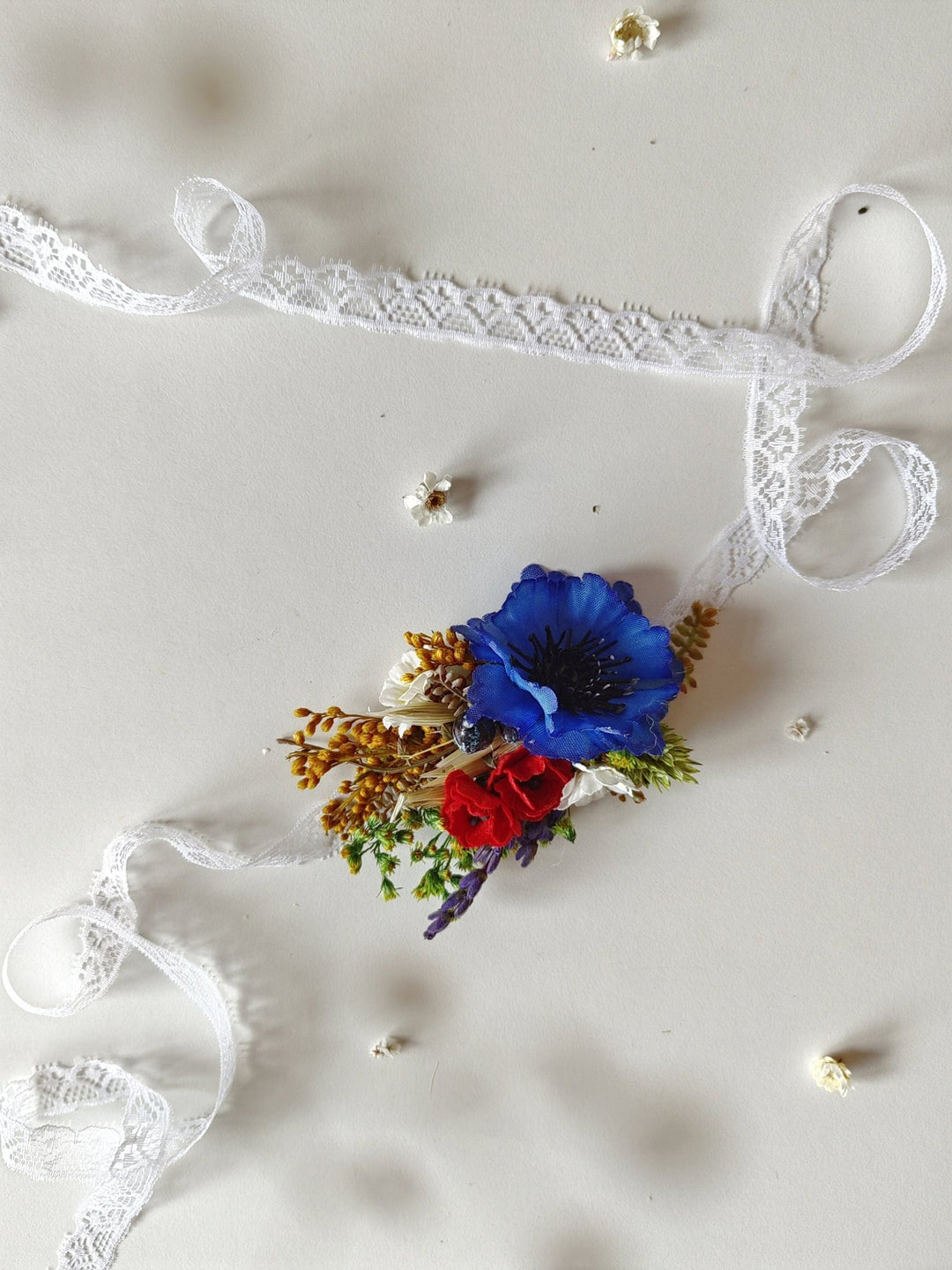 Meadow Flower Wedding Wrist Corsage: Forget - Me - Nots & Poppy – handmade floral hair accessory by magaela