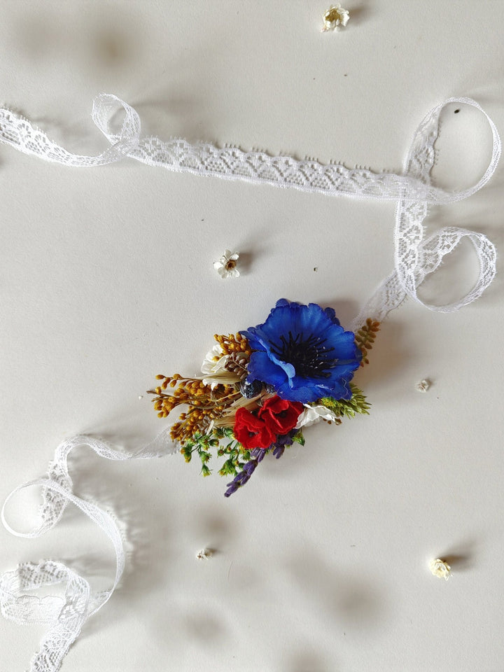 Meadow Flower Wedding Wrist Corsage: Forget - Me - Nots & Poppy – handmade floral hair accessory by magaela