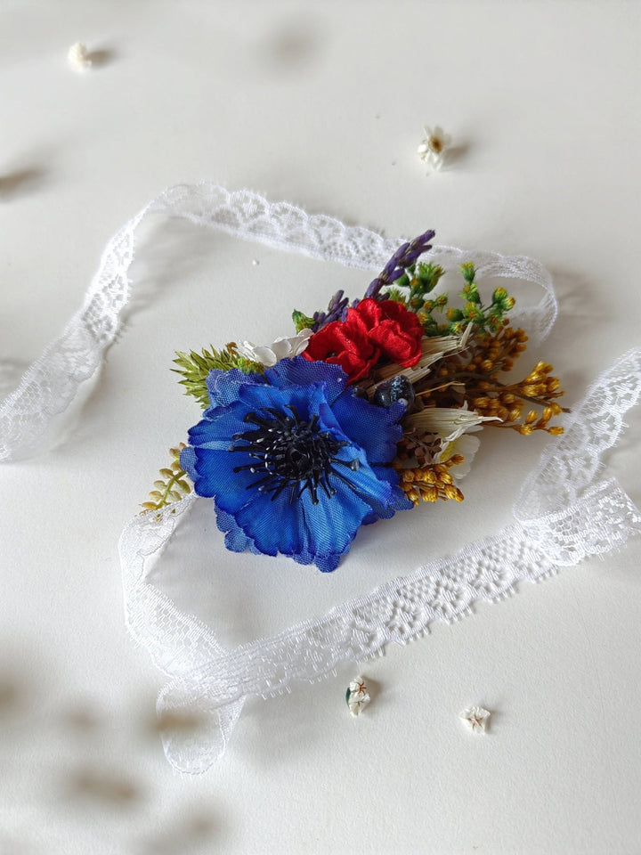 Meadow Flower Wedding Wrist Corsage: Forget - Me - Nots & Poppy – handmade floral hair accessory by magaela