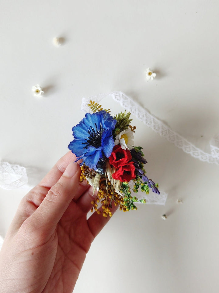 Meadow Flower Wedding Wrist Corsage: Forget - Me - Nots & Poppy – handmade floral hair accessory by magaela