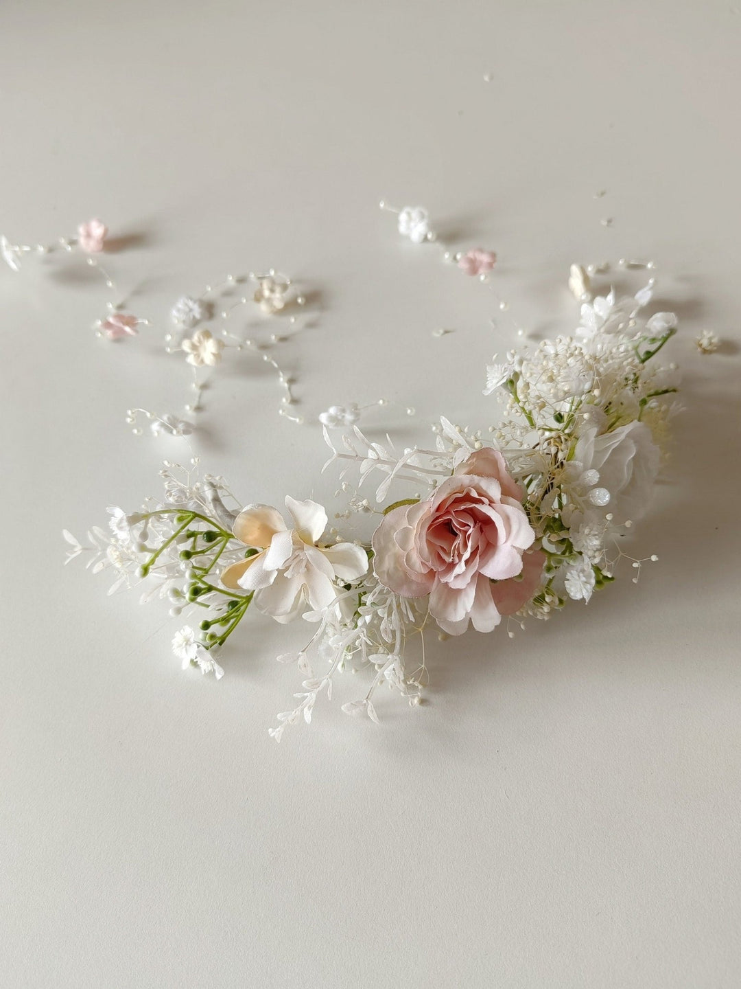 Romantic Wedding Hair Vine: Floral Bridal Veil, Pink White Cream – handmade floral hair accessory by magaela