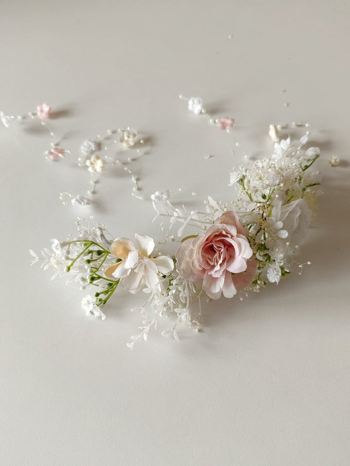 Romantic Wedding Hair Vine: Floral Bridal Veil, Pink White Cream – handmade floral hair accessory by magaela
