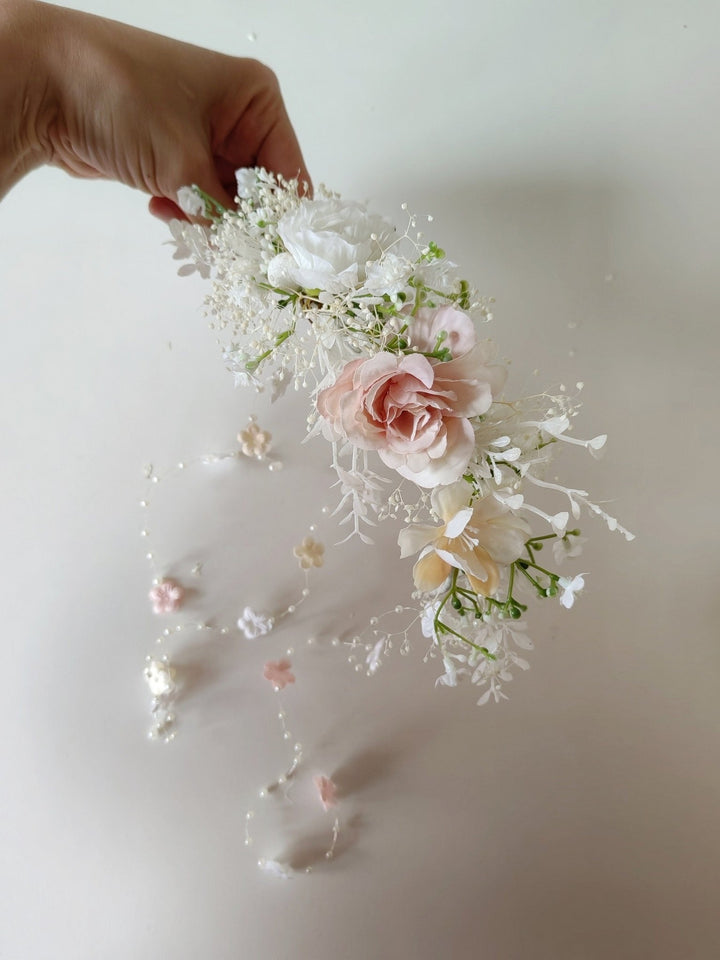 Romantic Wedding Hair Vine: Floral Bridal Veil, Pink White Cream – handmade floral hair accessory by magaela