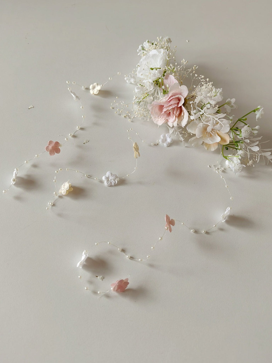 Romantic Wedding Hair Vine: Floral Bridal Veil, Pink White Cream – handmade floral hair accessory by magaela