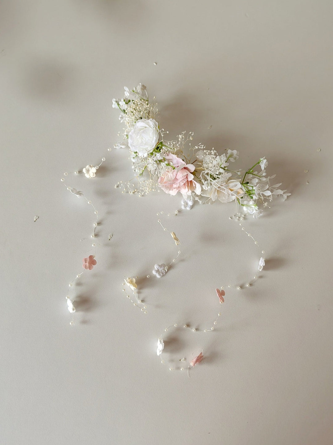 Romantic Wedding Hair Vine: Floral Bridal Veil, Pink White Cream – handmade floral hair accessory by magaela