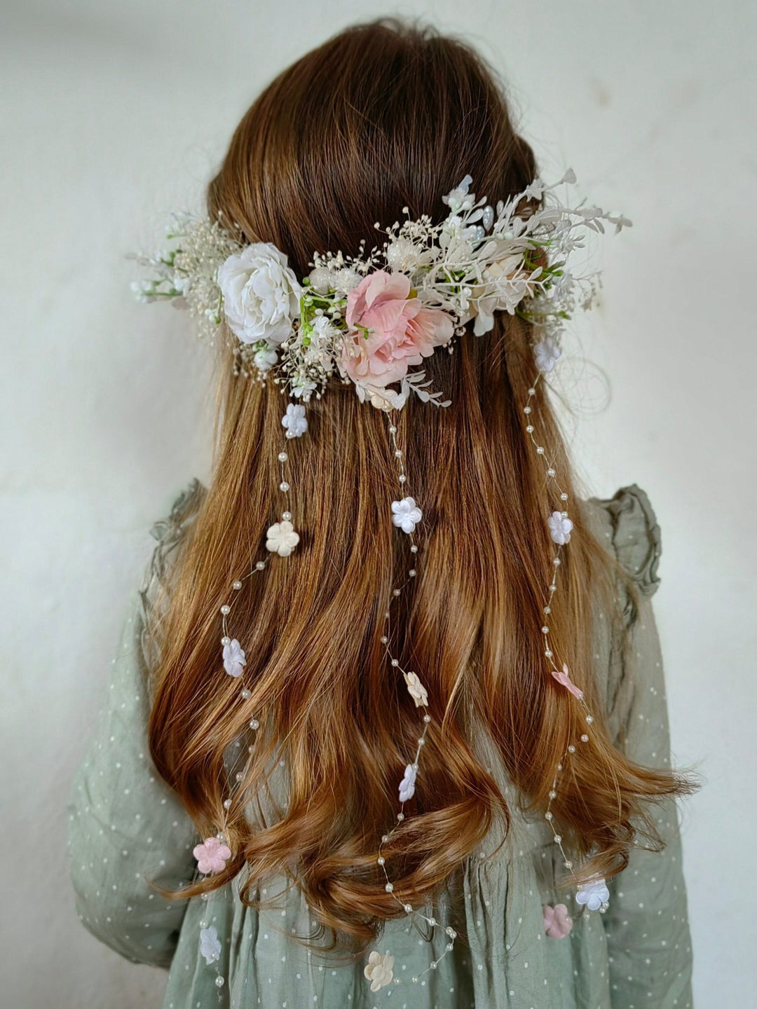 Romantic Wedding Hair Vine: Floral Bridal Veil, Pink White Cream – handmade floral hair accessory by magaela