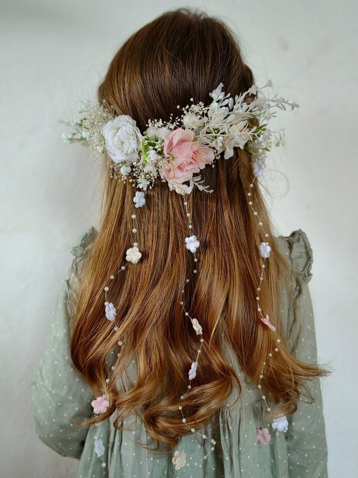 Romantic Wedding Hair Vine: Floral Bridal Veil, Pink White Cream – handmade floral hair accessory by magaela
