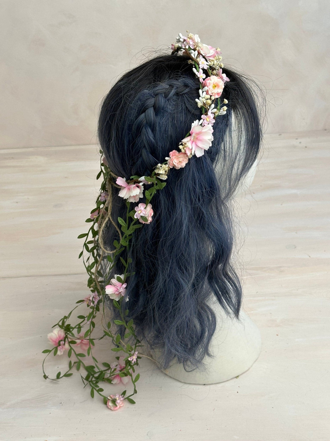 Blush Pink Flower Wedding Wreath with Long Hanging Vines – handmade floral hair accessory by magaela