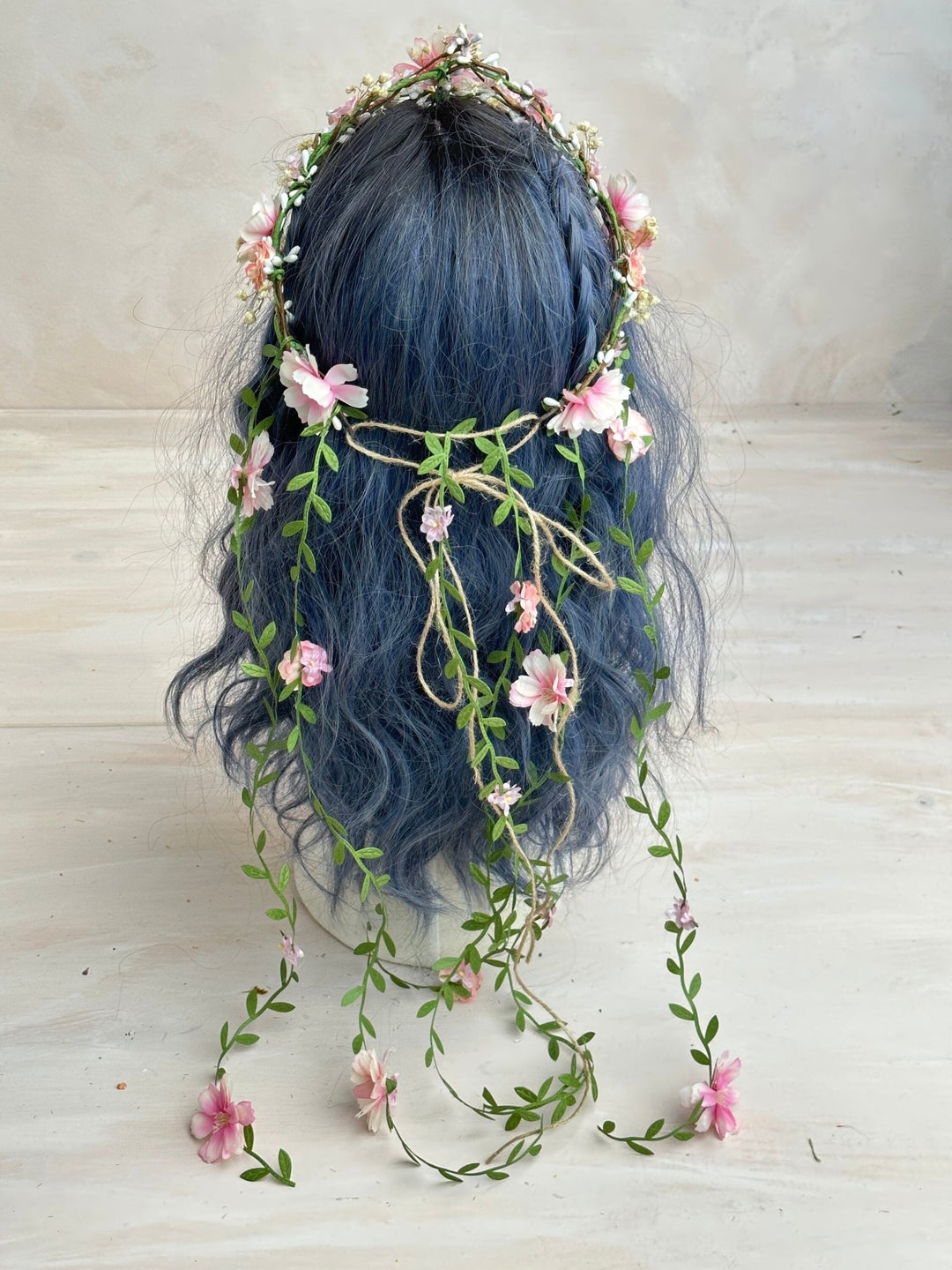 Blush Pink Flower Wedding Wreath with Long Hanging Vines – handmade floral hair accessory by magaela