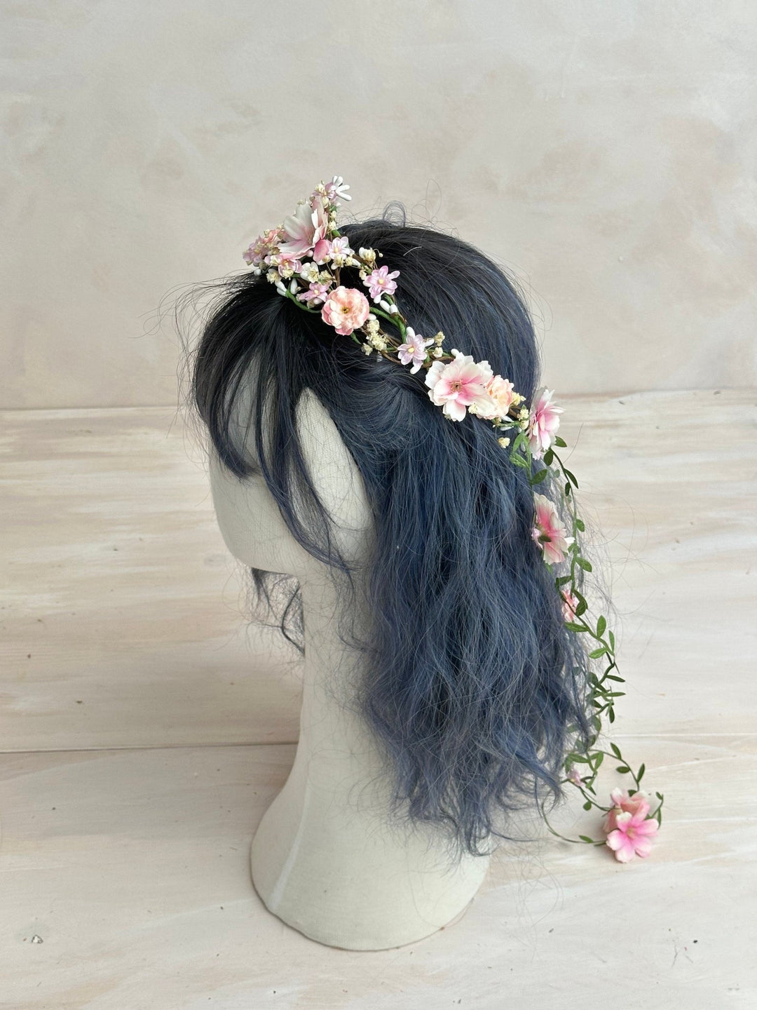 Blush Pink Flower Wedding Wreath with Long Hanging Vines – handmade floral hair accessory by magaela