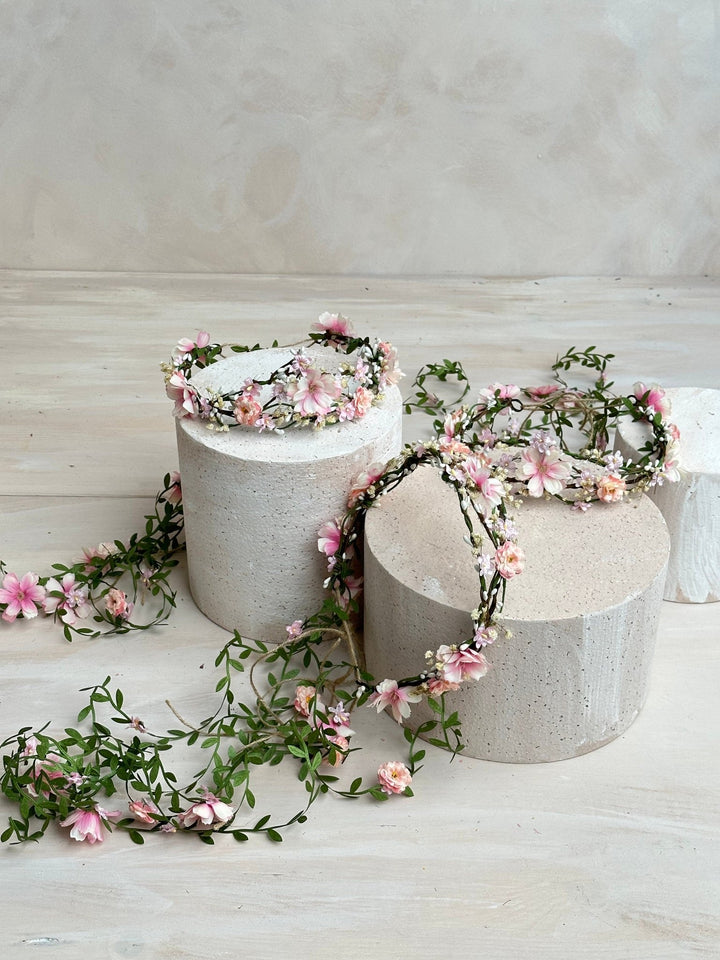 Blush Pink Flower Wedding Wreath with Long Hanging Vines – handmade floral hair accessory by magaela