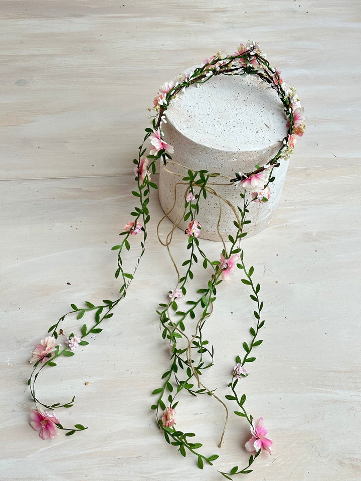 Blush Pink Flower Wedding Wreath with Long Hanging Vines – handmade floral hair accessory by magaela