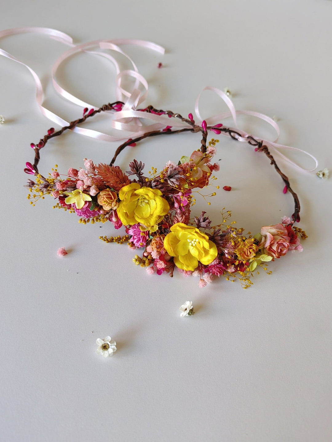 Floral Hair Wreath Set: Yellow & Pink Flower Crowns – handmade floral hair accessory by magaela