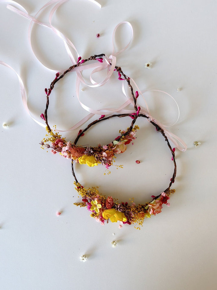 Floral Hair Wreath Set: Yellow & Pink Flower Crowns – handmade floral hair accessory by magaela