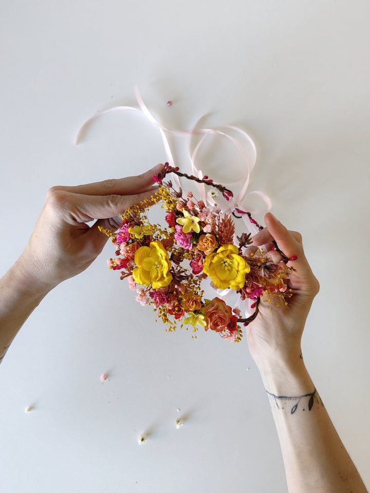 Floral Hair Wreath Set: Yellow & Pink Flower Crowns – handmade floral hair accessory by magaela