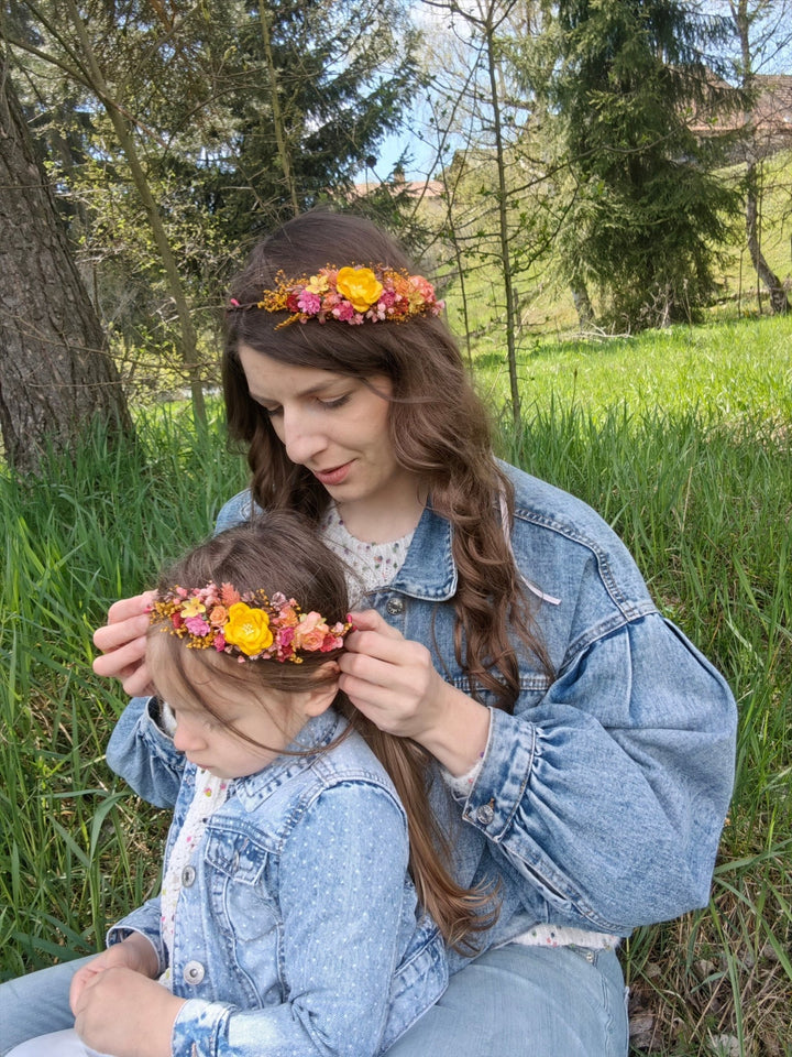 Floral Hair Wreath Set: Yellow & Pink Flower Crowns – handmade floral hair accessory by magaela