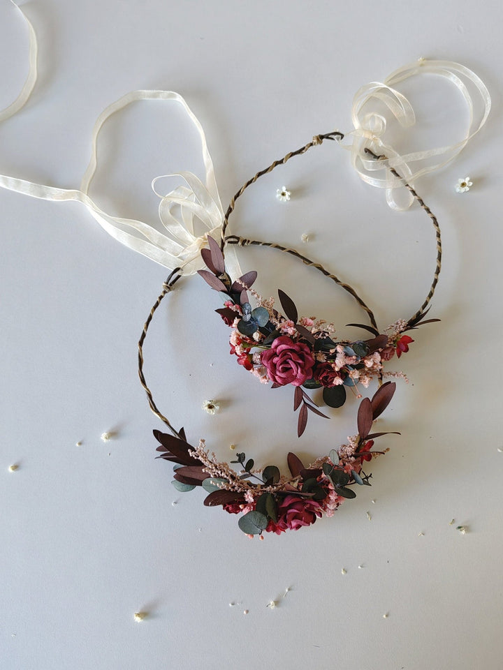 Burgundy Flower Hair Wreaths: Rustic Wedding Eucalyptus Crown Set – handmade floral hair accessory by magaela