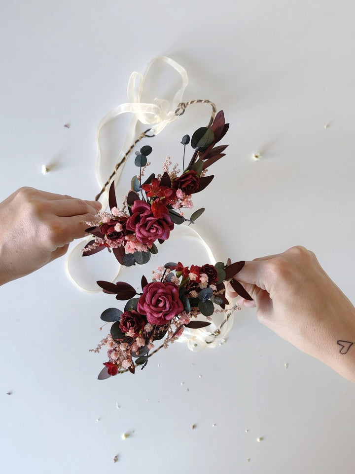 Burgundy Flower Hair Wreaths: Rustic Wedding Eucalyptus Crown Set – handmade floral hair accessory by magaela