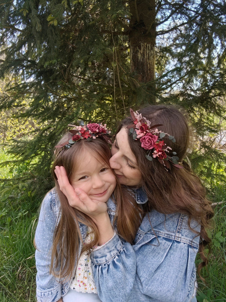 Burgundy Flower Hair Wreaths: Rustic Wedding Eucalyptus Crown Set – handmade floral hair accessory by magaela