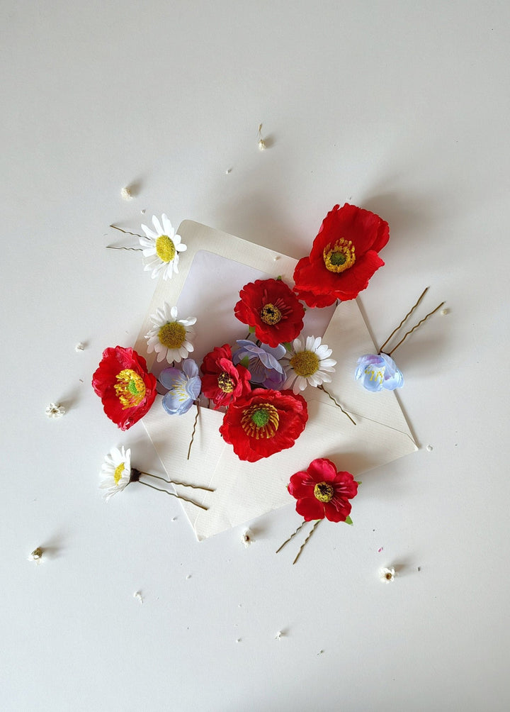 Meadow Flower Hairpins: Poppy & Wildflower Bridal Hair Accessories – handmade floral hair accessory by magaela