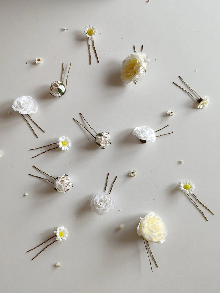 Boho Flower Hairpins: Rose & Peony Bridal Hair Accessories (Set of 13) – handmade floral hair accessory by magaela